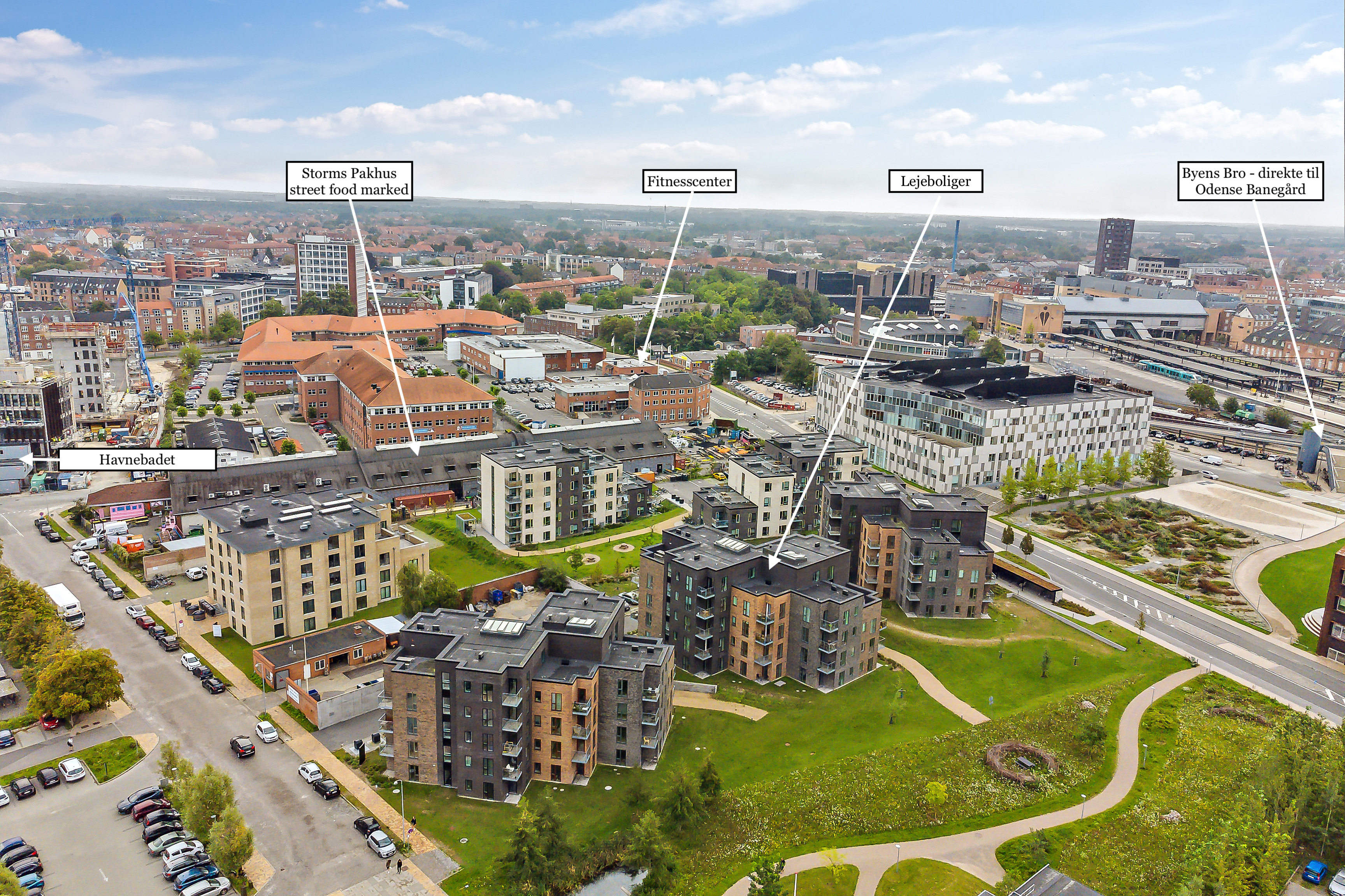 Luftfoto af Seebladsgade 7-11 ved Odense Havn med Storms Pakhus, havnebadet, fitnesscenter og Byens Bro til banegården