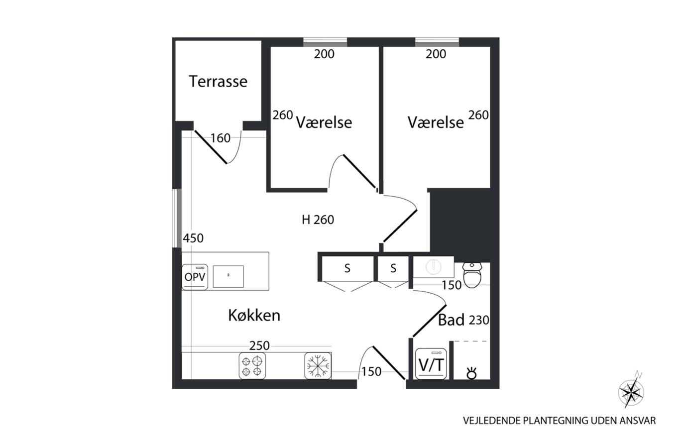 Plantegning – 2 værelser, stueplan